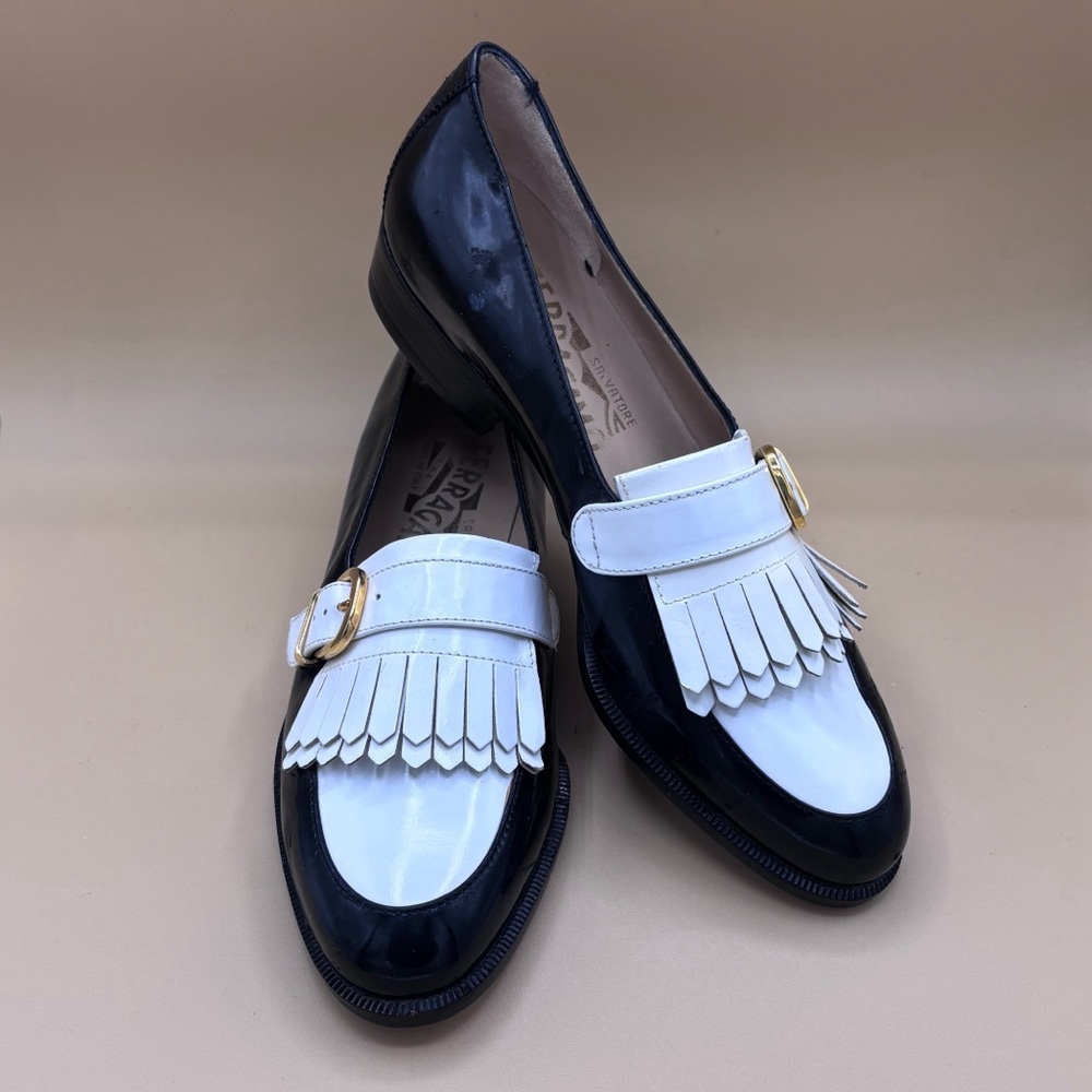 NWOT, VintageSalvatore Ferragamo Black and White Kiltie Loafers with Gold Buckle